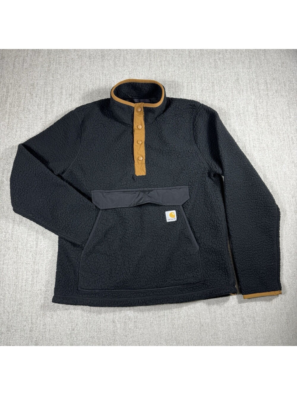 Carhartt Jacket Mens Small Black Brown Sherpa Pullover Sweater Button Snap RELAX